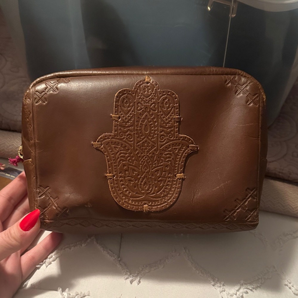 Brown Leather Pouch with Embossed Hamsa hand design
